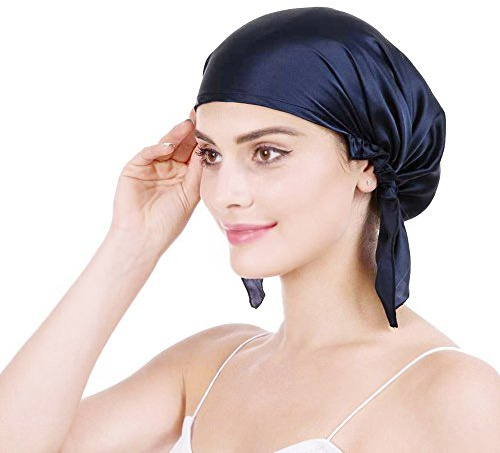Emmet Bonnet de nuit 100 % soie de mûrier douce 19 momme pour perte de cheveux pour femme, avec ruban élastique réglable - Bleu - taille unique