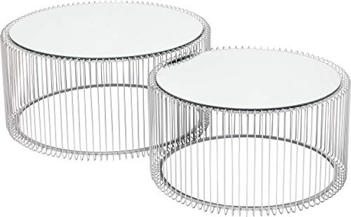 Kare Design Couchtisch Wire (2/Set), Silber, 63/53cm Durchmesser, Beistelltisch, Nachttisch, Stahlgestell, Tischplatte aus Sicherheitsglas, Wohnzimmer, rund, 34x70x70 cm (H/B/T)