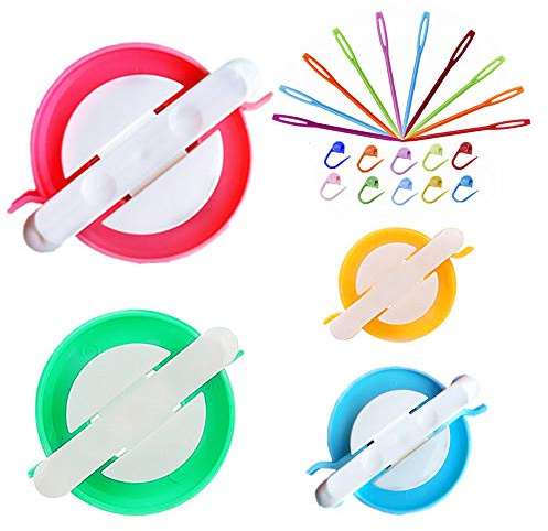 Kit per creatore di pompon, pompon per maglieria a telaio, tessitore di aghi, kit per uncinetto per maglieria fai-da-te, 4PSPompom Maker + 10PS punti per maglieria a maglia + 10PS aghi (24)