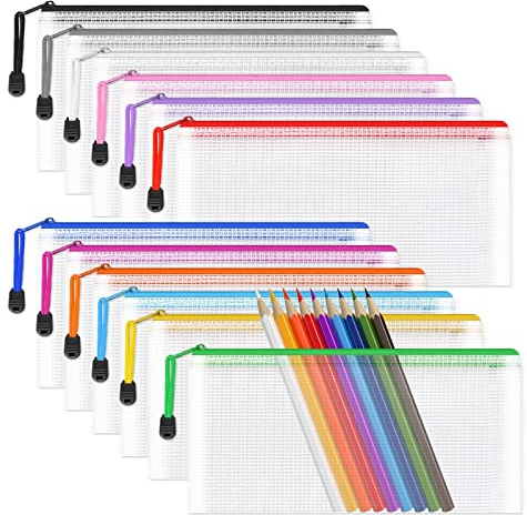 A6 Mesh Pencil Pouch Zipper File Bags,12PCS Clear Pencil Case Plastic Wallets Folders Waterproof Storage Pouch for School Supplies, Bills, Cosmetics, Stationery and Travel Accessories,12 Colours