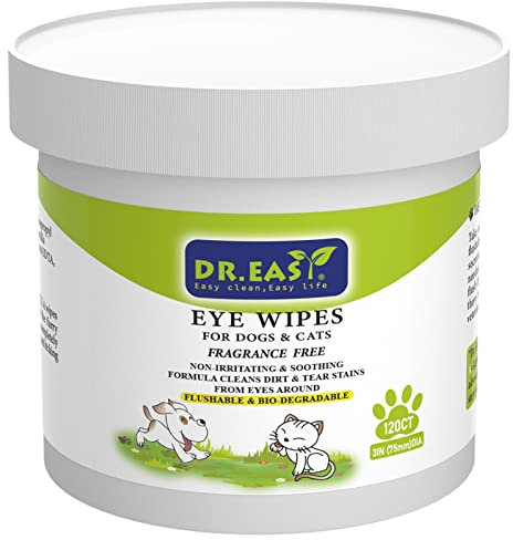 DR.EASY Haustier-Augenwischer, 120 Karat, für Hunde, Katzen, Pferde und Kaninchen, Tränenfleckenentferner, Welpen-Kitty-Augenreinigung, entfernt Schmutz, Kruste, weich und sanft, pflanzliche Formel
