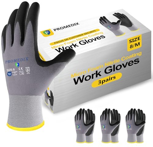 PROMEDIX P 3 Pairs Work Gloves with Grip for Cleaning Garden Mechanic Fishing Working Nitrile Coated for Men Gardening M-3