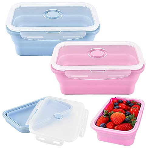 2 Pezzi 800ML Contenitore Ermetico per Alimenti, Set Contenitori per Alimenti, Pieghevole Contenitori per Alimenti, Contenitore per Alimenti Adatto per Picnic Campeggio Scuola Ufficio (Blu+Rosa)