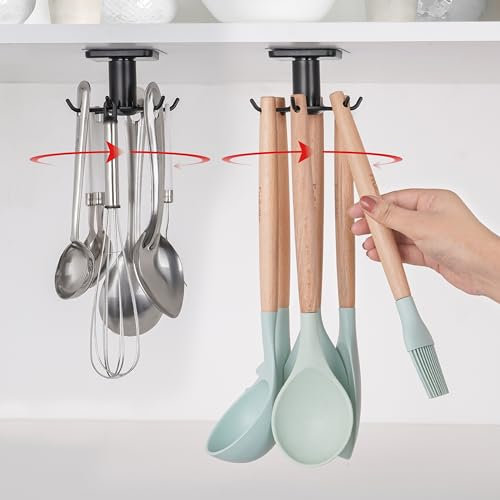 Winter Shore Schwarzer Rotierender Utensilienhalter Küche [2er-Pack] - 360° Dreh-Haken Küche für Ofenhandschuhe, Tassen, Geschirrtücher, Schlüssel - Kein Bohren, Selbstklebende Pads - Hält bis zu 2 kg
