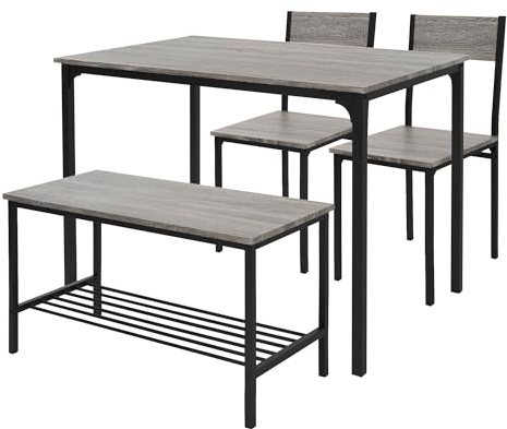 ML-Design Ensemble de Salle à Manger, 4 Pièces, Chêne-Gris, 4 Personnes, Table avec 2 Chaises 1 Banc, Étagère de Rangement, en MDF et Structure en Acier, Set de Bar Industriel pour Cuisine Salon