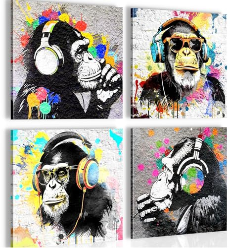 Novart Bilder Set Banksy Collage - KOMPLETT AUFHÄNGFERTIG - Grau Bunt Wohnzimmer Schlafzimmer Loft - 4 Moderne Wandbilder - N034544a