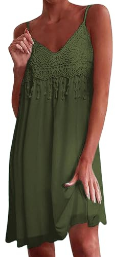 Zeagoo Robes d'Été Femme Dentelle Spaghetti d'Été Courte sans Manches Boho de Plage avec Franges Décolleté en V Robe Décontractée
