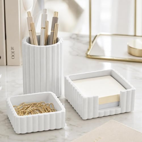 KIBAGA Modern Aesthetic Desk Accessories Set of 3 - Stylish Concrete Organizers for Pens & Office Supplies - A Cute and Functional Addition to Your Workspace Decor