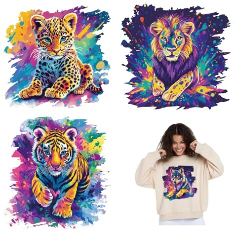 SUPERDANT 4Pcs Leopard Lion Tiger Wolf Heat Transfer Stickers Watercolor Animal Iron on Transfers Iron on Patches Stickers Washable Sticker Paper for Clothing T-Shirt Jeans Backpacks DIY Applique