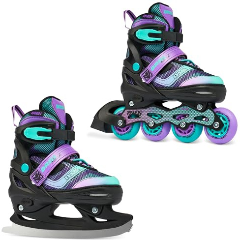 Raven - Pattini a rotelle per bambini, ragazze, ragazzi, adulti, bambini - Pattini a rotelle 2 in 1 con lame da ghiaccio - Regolabili - Drill Violet/Mint con Pattini, 38-42 (25-27,5cm)