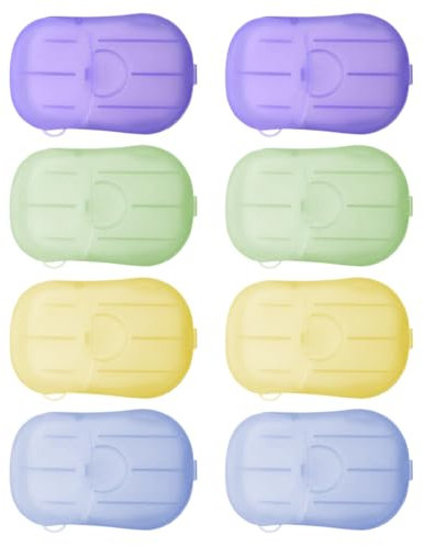 SIRLOMU Caja de jabón de papel, 8 unidades, pastillas portátiles con caja de plástico, láminas, escamas, tiras de jabón, papel de viaje, perfecto para camping, viajes y manos (4 colores)