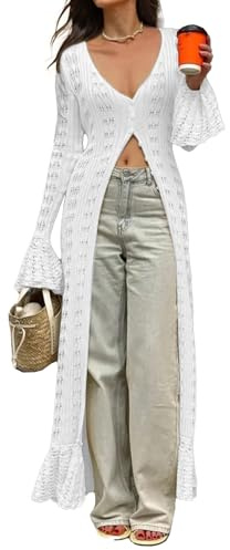 NRTHYE Cardigan lunghi da donna all'uncinetto con bottoni, lavorati a maglia traforati, eleganti spolverini maglioni copricostume vestito lungo, 03 bianco, Large