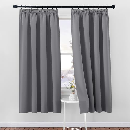 PONY DANCE Blackout Pencil Pleat Curtains, Grey, W52 x L72 Inch, 2 Panels | Thermal Insulated Curtains with Noise Reducing & Privacy, Luxury Soft Window Treatment for Bedroom & Living Room