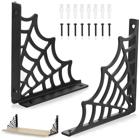 2 Pcs Équerre Étagère de Fixation Rétro Noires, 150mm Equerre Etagere Murale, Supports d'étagère en Bois Toile d'araignée Gothique Support Etagere Murale Fixation Flottants pour Décoration Halloween