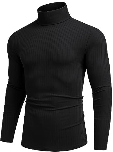 COOFANDY Men's Jumpers Turtleneck Tops for Men Long Sleeve Ribbed Knitted Jumper Lightweight Basic Sweater Black XXL