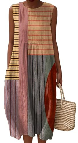 Vestito Mussola Donna con Pieghe in Lino Abito Estivo Boho con Scollo Rotondo Leggero e Traspirante Lunghezza al Ginocchio Abiti da Spiaggia in Cotone Stampato Senza Maniche Vestiti Estivi a Linea A