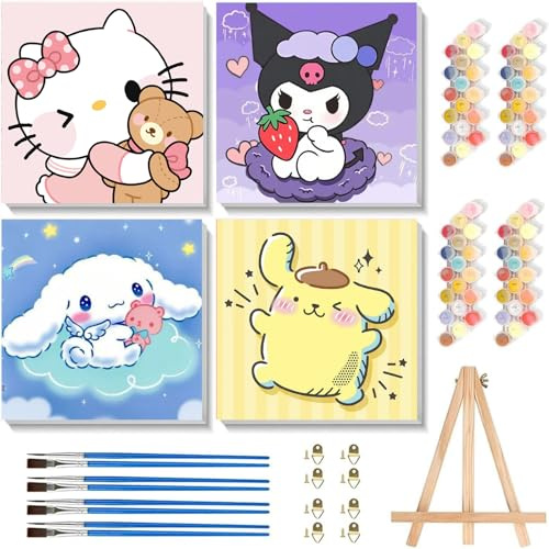 Sretoul 4 Pack Cartoon Paint by Numbers Kit for Kids with Frame - Wooden Easel, Cute Kids Paint by Numbers Ages 4 8 12, DIY Acrylic Oil Painting for Home Wall Decor (8x8 inch)