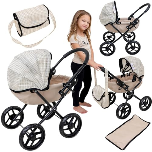 Doris Passeggino per bambole con borsa, motivo a scacchi beige, cabina pieghevole profonda, altezza 60 cm