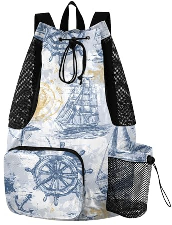 Bolaz Sailing Ship Watchtower Beach Drawstring Backpack Mesh Swim Bag for Women Men Swimming Gym with Wet Pocket Packable Sports