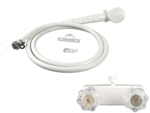 White RV /Mobile Home Shower Faucet with Clear Handles & Includes Hand-Held Shower by WholesalePlumbing