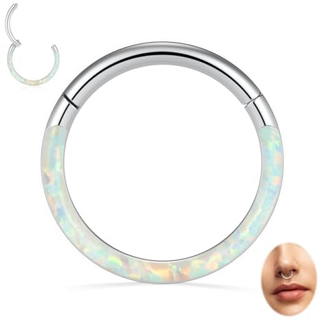 PEAKLINK Septum Jewelry 16G White Opal Septum Rings Daith Earring 316L Conch Piercing Jewelry 16G Nose Hoop Ring Septum Clicker Silver Rook Helix Tragus Cartilage Lobe Earring 8mm