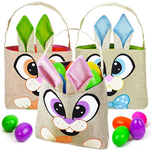 JOYIN 3 Pcs Multicolor Easter Bunny Tote Bags, Kids Unisex Easter Egg Hunt Party Favor Supplies, Canvas Jute Bags with Handles
