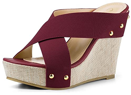 Allegra K Women Open Toe Linen Platform Slide Wedge Sandals Burgundy 5 UK/Label Size 7 US