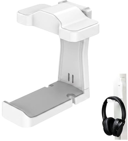 KIWIFOTOS Självhäftande hörlursstativ, PC-spelheadset krokhållare, med 360 graders justerbar, vridbar armklämma och kabelarrangör, hörlurshållare, vit