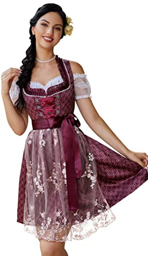 KOJOOIN Dirndl Robe Traditionnelle Courte pour Femme 3 pièces. Dirndl midi pour Oktoberfest(Emballage réutilisable)