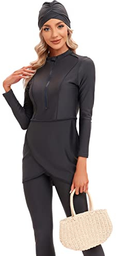 seafanny Womens' 3 Pieces Muslim Swimwear Full Cover Hijab Burkini Modest Swimsuit(Gray 8-10) M