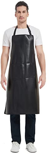 FunChaos Wasserdichte Schürze, Strapazierfähige Arbeitsschürze, Kunstlederschürze, Ideal für Koch, Metzger, Friseur, Geschirrspülen, Reinigen, Hundepflege (Schwarz)