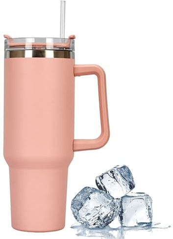Somerway 1182ml Travel Mug 40oz Tumbler with Straw and Lid, Stainless Steel Double Wall Vacuum Insulated Coffee Mug for Hot and Cold Coffee, Travel Mug with Handle, Coffee Mug for On The Go Pink