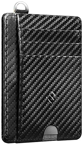 FINTIE Flache Geldbörse Kartenetui, Premium Kunstleder RFID-Blocker Slim Geldbeutel Kreditkartenetui mit ID-Fenster und Schnellzugriff-Fach für Herren Damen, Welligkeit Schwarz
