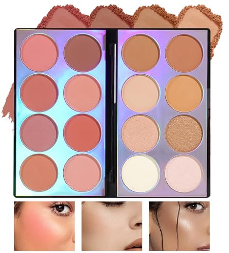 Prreal Palette de maquillage multifonction 3 en 1 contour, highlight, blush 16 couleurs poudre bronzante