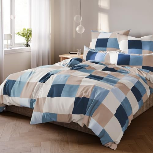 Pure Label Karierte Bettwäsche 4teilig 135x200 cm mit einem 2er Set Kissenbezüge 40x80 cm - Traumhaft weiches Bettwäsche-Sets 135 x 200 cm in blau aus 100% Baumwolle mit YKK Reißverschluss