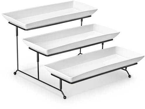 MALACASA 3 Tier Serving Platter, 14 Inch Porcelain Cake Stand with Black Mental Display Stand for Party Supplies, Ceramics Rectangular Serving Dishes for Dessert, Fruit, Cookies, Sushi, White