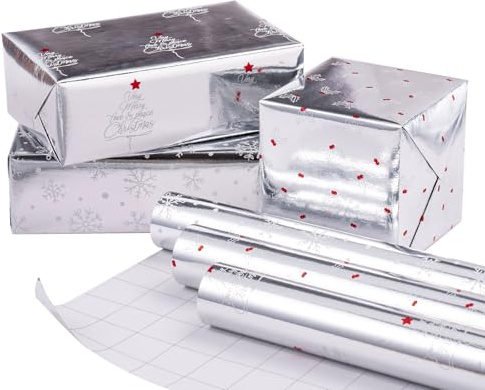 RUSPEPA Rotolo Di Carta Da Regalo Natalizia Con Lamina Metallica Brillante - Elementi Natalizi Argento - 43,2 cm x 3 m per Rotolo, Totale di 3 Rotoli