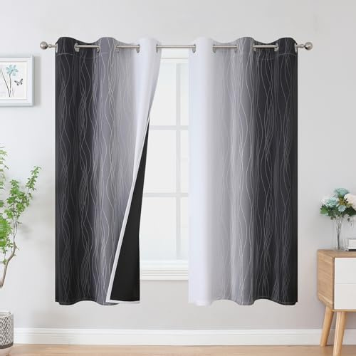 VEHEDE Schwarz und Weiß Farbverlauf Gardinen Wohnzimmer Thermovorhang gegen Kälte 2er Set Vorhänge Schlafzimmer mit Ösen, Verdunklungsvorhänge Blickdicht Ombre Kurz Fenster Küche, H 114 x B 107 cm