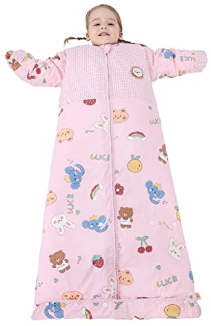 Chilsuessy Sacco nanna invernale 2,5 Tog, per bambini, con maniche rimovibili, in cotone biologico, per tutto l'anno, per ragazzi e ragazze, caldo, 2,5 tog/orsetto ciliegio, L (100-130 cm)
