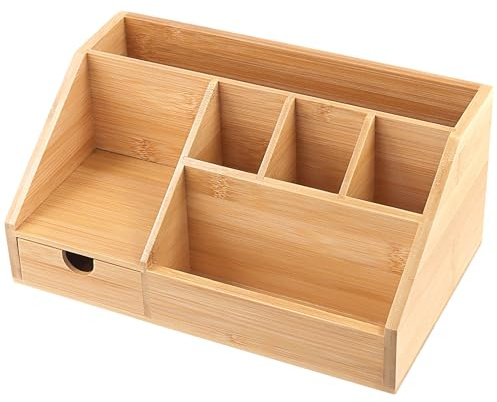 KEILEOHO Skrivbordsorganisatör i Trä Med Pennhållare Och Låda, Bambu Skrivbordsförvaring för Kontor, Hem, 24,5 x 15 x 11 cm