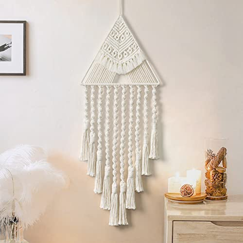 ASTNIC Macrame Wall Hanging Handwoven Dream Catcher Triangle Tassel Tapestries Boho Backdrop Decor Geometric Art Handmade Tapestry for Wall Apartment Party Bedroom Living Room Decoration (70cm Beige)