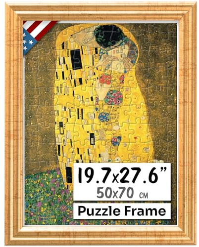 US Art Antique Gold 19.7 x 27.6 Frame for Wall, 50x70cm Frame, Jigsaw Puzzle Frames 1000 Pieces for Wall Decor, Solid Wood Picture Frames with Preinstalled Hangers and UV Blocking Plexiglass
