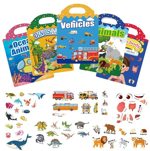 Reusable Sticker Books, 5 Pack 3D Puffy Sticker Book for 2+ Year Olds Travel Airplane Activity for Kids Scene Storybook Sticker Educational Learning Toy Gift for Boys Girls