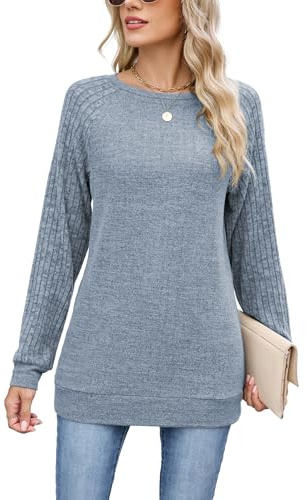 Famulily Casual Crew Neck Jumper Warm Long Sweaters Winter Tunic Tops to Wear with Leggings Sky Blue XXL