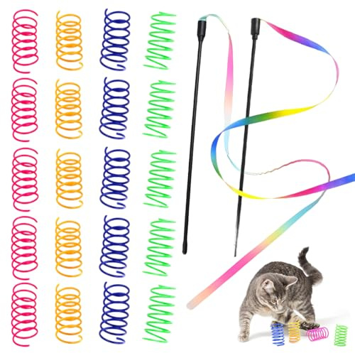 THQAE 20 Pcs Molle a Spirale + 4 Cannes da Pesca Arcobaleno, Giocattolo Interattivo per Gatti, Giocattolo a Molla per Stimolare l'istinto di Caccia, Giocattolo di plastica per gattini.