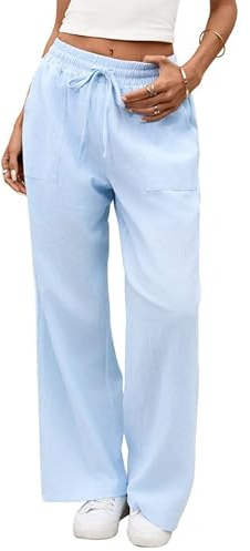 Pantalones Lino Mujer Verano Ligeros Pantalon Ancho Fluido Pantalones Largo Cintura Elastica Pantalon Palazzo Elegante, Azul L