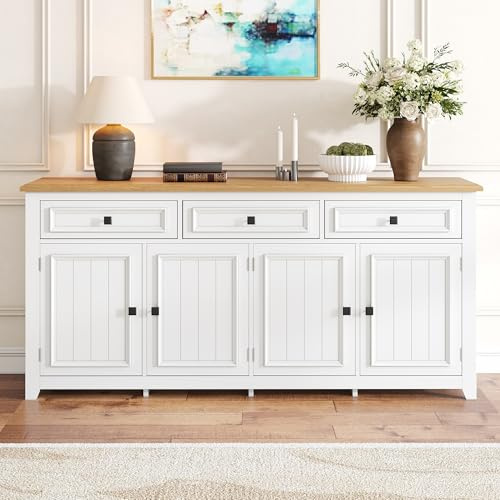 Oslghy Aparador Cocina, Aparador para Salon con Separadores Ajustables, Buffet Comedor con 3 Cajones y 4 Puertas, Modern Mueble Auxiliar Cocina de Entrada para Dormitorio y Salón, 160x35x76cm (Blanco)
