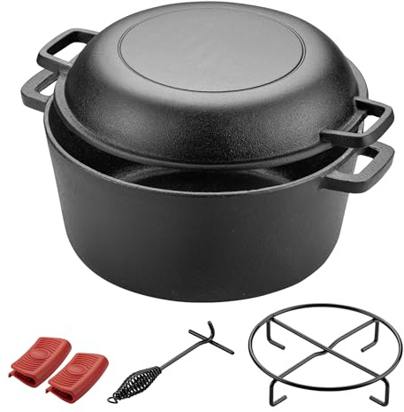 Wiltec 2in1 Dutch Oven 32 x 26 x 16 cm Grilltopf aus Gusseisen, Schmortopf plus Deckel, Feuertopf inkl. Topfgestell, Deckelhalter und Griffe