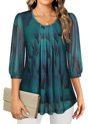 Gemulate Ladies Tops 3/4 Sleeve Tops for Women Round Neck Chiffon Blouses | Summer Dressy Casual Flowy Tunic Double Hem Top Loose Pleated Floral Mesh T-Shirt M-3XL