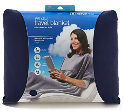 Travelrest® Coperta da Viaggio 4 in 1 in Pile Stile Poncho Con Tasca Integrata con Zip– Si Trasforma in Cuscino Lombare o per Collo - Per Viaggio in Aereo, Treno, Pullman – Si attacca alla Valigia